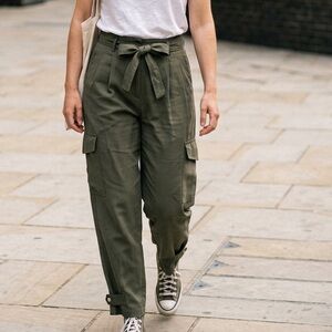 Okakie Cotton Blend High-Waist Tie-Belt Cargo Pants in Olive
